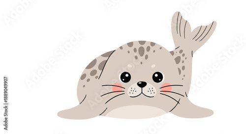 Cute spotted seal pup cartoon illustration waving its tail, an adorable animal character for children's designs, nursery decor, marine wildlife education, or ocean themed artwork p.