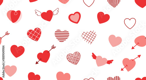 Valentine's Day Heart Pattern on White Background for Romantic Occasions: A celebration of love with red and pink hearts, wings, arrows for cards, gifts, scrapbook, and love themes.
