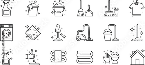 Cleaning and household chore icon set with tools and sparkles, vector illustration, editable design, isolated hygiene symbols