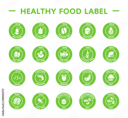 Vegetarian icons. Vegan gluten, lactose free symbol or no added sugar stickers. Healthy food. Farm raw ingredient. Fresh local products logotype collection. Vector line isolated set