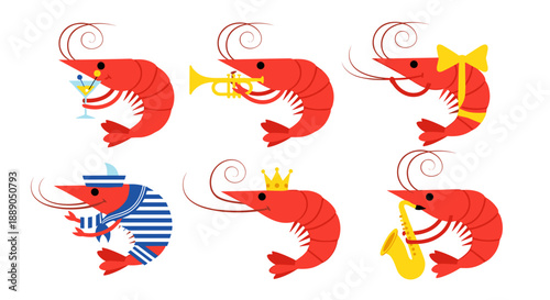 Funny shrimp cartoon characters celebrate with a cocktail, trumpet, bow, sailor outfit, crown, and saxophone for party invitations, posters, greeting cards, or cute graphic designs