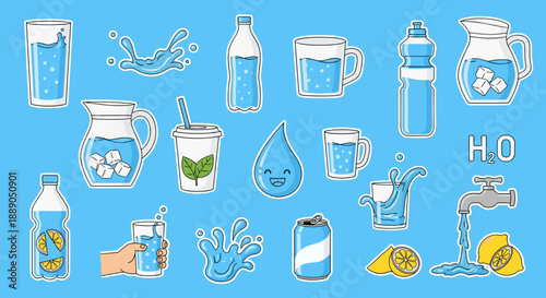 Hydration Collection: Drink Water Graphics Show Refreshment and Thirst Quenching in Glasses, Bottles, Cans, and Pitchers with Lemon Citrus, Perfect for Health, Wellness, and Refres.