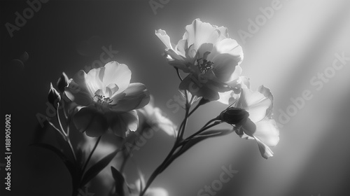 Romantic black and white flower postcard captures delicate blooms illuminated by soft light, conveying deep emotional connections and artistic expression through contrasts and shadows