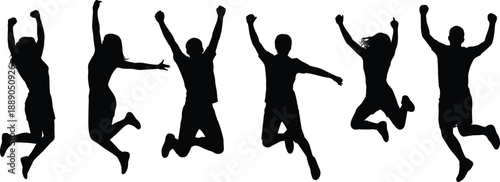 Energetic group of young people jumping in celebration, showing joy, teamwork and positivity with dynamic silhouettes against a bright background for lifestyle success concepts