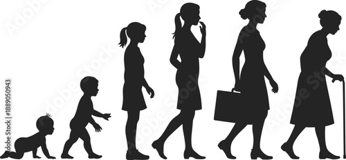 Evolutionary silhouette timeline showing stages of female growth from crawling baby to elderly woman, symbolizing aging, life cycle, progress and human development
