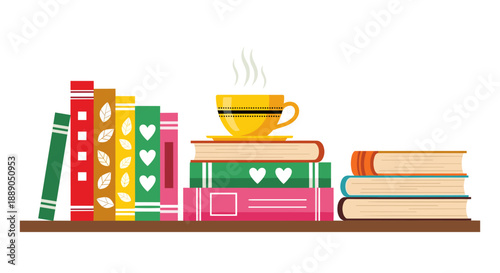 Stack of Books with Warm Cup of Tea Illustration: A cozy reading time concept showing knowledge, learning, education, literature, and relaxation on a wooden shelf in colorful graph.