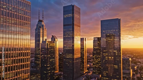 Modern skyscrapers illuminated by brilliant sunset glow above metropolitan area
