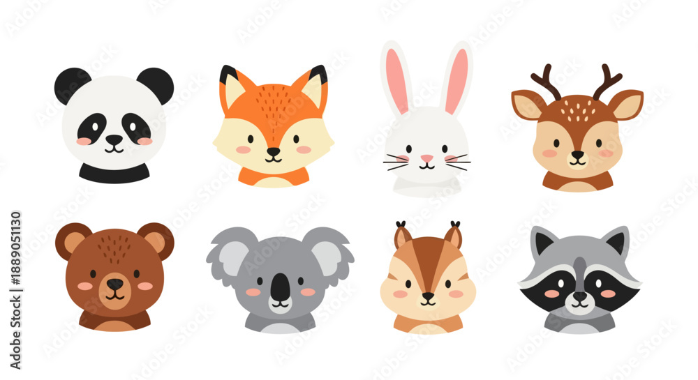 Fototapeta premium Cute cartoon animal faces set including panda fox rabbit deer bear koala squirrel and raccoon.