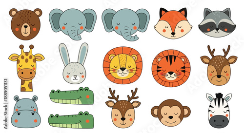 Cute cartoon animal faces collection for childrens designs.
