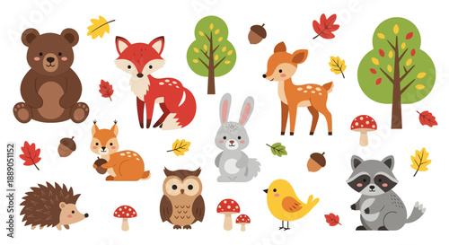 Cute forest animals set with bear fox deer rabbit squirrel owl hedgehog raccoon bird.