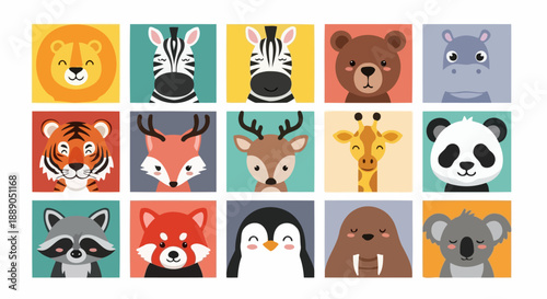 Collection of adorable cartoon animal faces in colorful square frames.