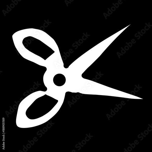 Minimal white scissors on black background. Hand drawn design.