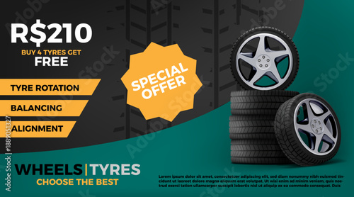 Tire car ad banner design template. Tyre wheel flyer. Auto service sale or automotive repair advertising. Rubber protector change and rim repair. Automobile workshop. Vector background