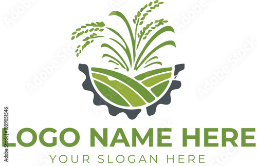 Rice plant and gear logo vector for agri-tech, smart farming, or sustainable agriculture branding