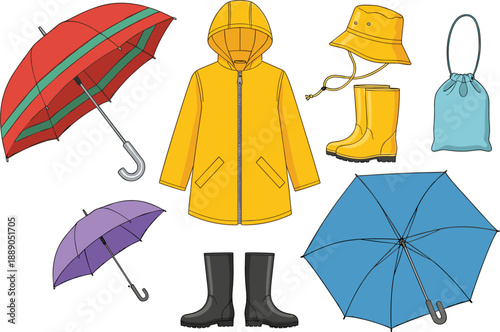 Rainy weather clothing and accessories vector set with umbrellas, raincoat and rubber boots