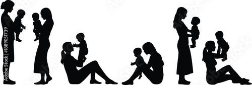 Silhouette of mothers holding and interacting with babies in various poses, showing love, bonding, affection and modern parenting in family lifestyle concept