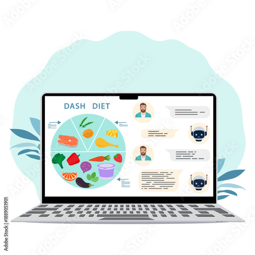 Dash diet chart on laptop screen with infographic and chat messages, healthy eating concept