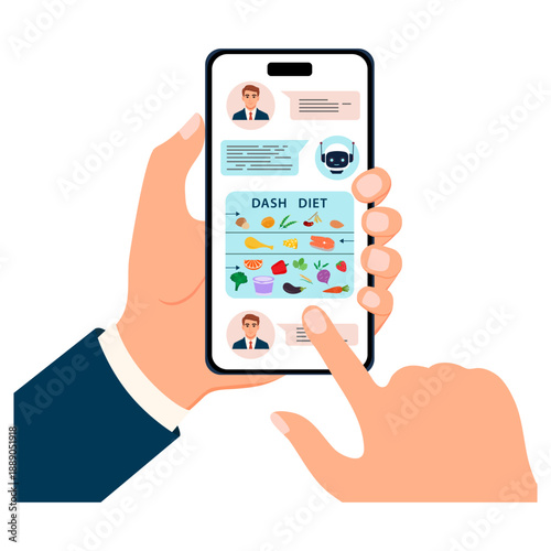 Smartphone displaying DASH diet meal plan with colorful illustrations of healthy foods