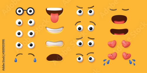 3d face. Cartoon broken heart emoji. Fun character emoticon creator with happy expression. Facial kit. Avatar emotion parts. Emotional smile. Vector constructor isolated elements set