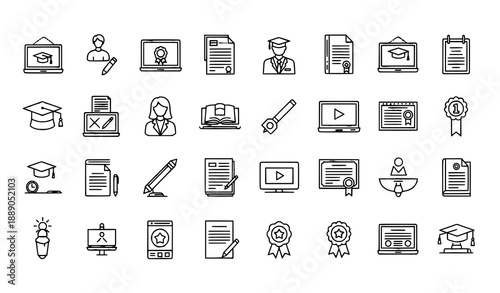 Minimal outline education icons vector set for online learning and academic apps