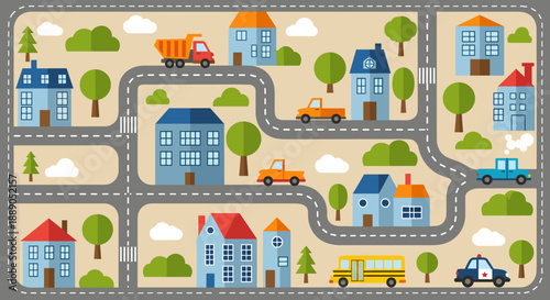 Cartoon Town Map Illustration showcases colorful houses, cars, roads, and trees in a charming neighborhood layout perfect for children's educational materials, playtime activities,.