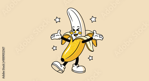 Happy Banana Cartoon Character with Retro Style Spreading Joy and Positivity in Illustration, Perfect for Animation, Mascot, or Design Projects that need a Cheerful and Nostalgic V.