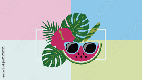 Tropical summer composition, hibiscus flower, green leaves, watermelon slice, round sunglasses, colorful pastel background