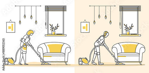 Human and robot vacuuming modern living room in minimalistic style, showcasing automation concept