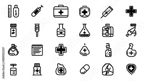 Minimalist Black and White Vector Medical Icons Set: Healthcare, Pharmacy, First Aid, Hospital Supplies & Equipment