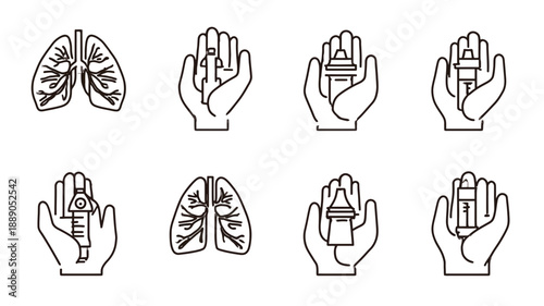 Health and Medical Care Line Icons Set: Human Lungs, Hand Holding Pills, Baby Bottle, Inhaler, and Medical Devices
