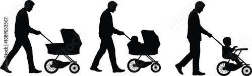 Silhouette sequence of father pushing baby stroller and later tricycle, symbolizing childhood development, parenting stages, family lifestyle and modern childcare concept