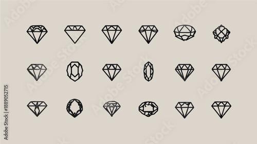 Vector illustration set of various diamond and gemstone outlines. Modern minimalist line art icons showing brilliant, oval, pear cuts, and diverse shapes, perfect for jewelry design.