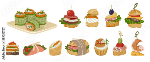 Appetizers set. Food buffet with tapas, canape for snack party, small dish banquet with cheese and olive meal. Tiny burgers and shrimp with cheese. Vector cartoon isolated illustration