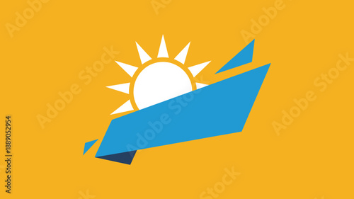 Bright sun rising behind blue ribbon banner, summer sales promotion graphic element, warm yellow