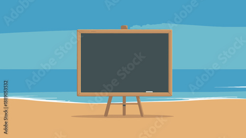 Empty blackboard on beach, easel with blank chalk surface, sea horizon background, vector illustration