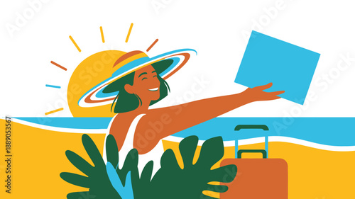Happy woman traveler reaching for destination, summer vacation beach holiday, flat vector illustration