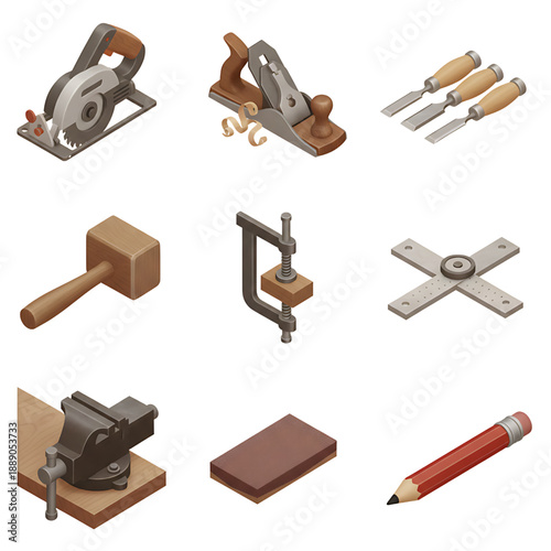 Collection of carpentry and woodworking tools, including a saw, chisel, hammer, clamp, and vise for DIY projects
