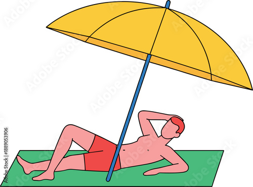 Man sunbathing and relaxing on the beach under a yellow umbrella