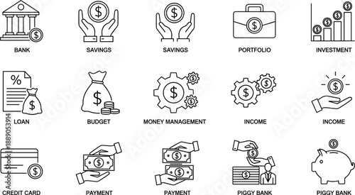 Banking and personal finance management line icons set for investment and savings vector