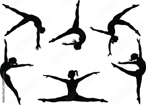 Silhouette dancers and gymnasts performing dynamic acrobatic and ballet poses showcasing flexibility, balance, motion, and artistic expression in graceful athletic movement