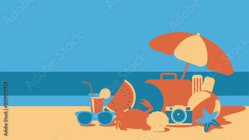 Minimalist summer beach vacation elements, ocean horizon background, retro travel graphic