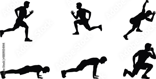 Silhouette figures performing functional bodyweight exercises including running, lunging, push-ups, mountain climbers, and medicine ball slams for strength and cardio training