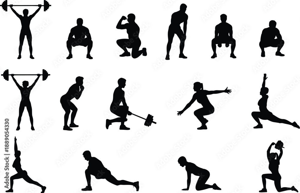 Naklejka premium Silhouette figures performing various fitness, yoga, and stretching exercises including squats, lunges, weightlifting, and balance poses for health, strength, and flexibility training