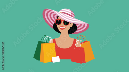 Smiling woman shopper, fashion hat and sunglasses, colorful shopping bags, retail sale consumer