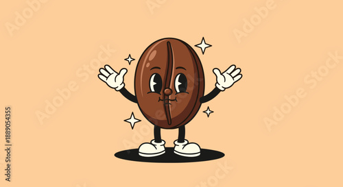Cheerful coffee bean cartoon mascot character presenting with retro style, a vintage illustration for food advertising or cafe marketing, sparking energy and friendly inviting grap.
