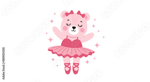 Adorable pink ballerina bear dancing gracefully with glitter sparkles, wearing a cute tutu and bows, perfect for children's illustrations, nursery decor, birthday cards, and creati.