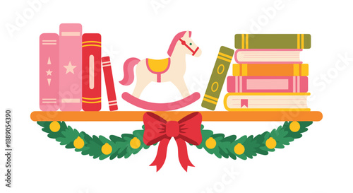 Nursery bookshelf scene illustration displays books, a toy rocking horse, and holiday garland to create a vintage, festive, and whimsical childrens room reading and learning design.