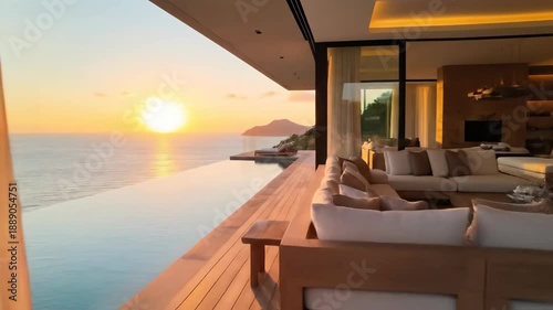 Luxury cliffside villa overlooking ocean at sunset