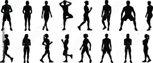 Silhouettes of individuals performing diverse athletic movements and stretches, showcasing dynamic and static fitness poses for exercise, posture training, wellness, and motion studies.