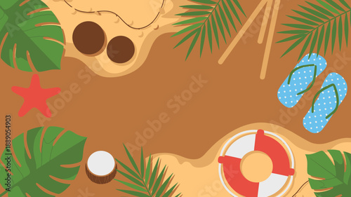 Summer beach holiday items on sandy background, top view, tropical vacation essentials layout, travel concept